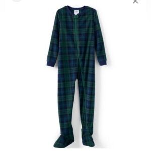 Lands End Boy’s Footie Fleece Pajamas in Blue and Green Plaid| Size: 14